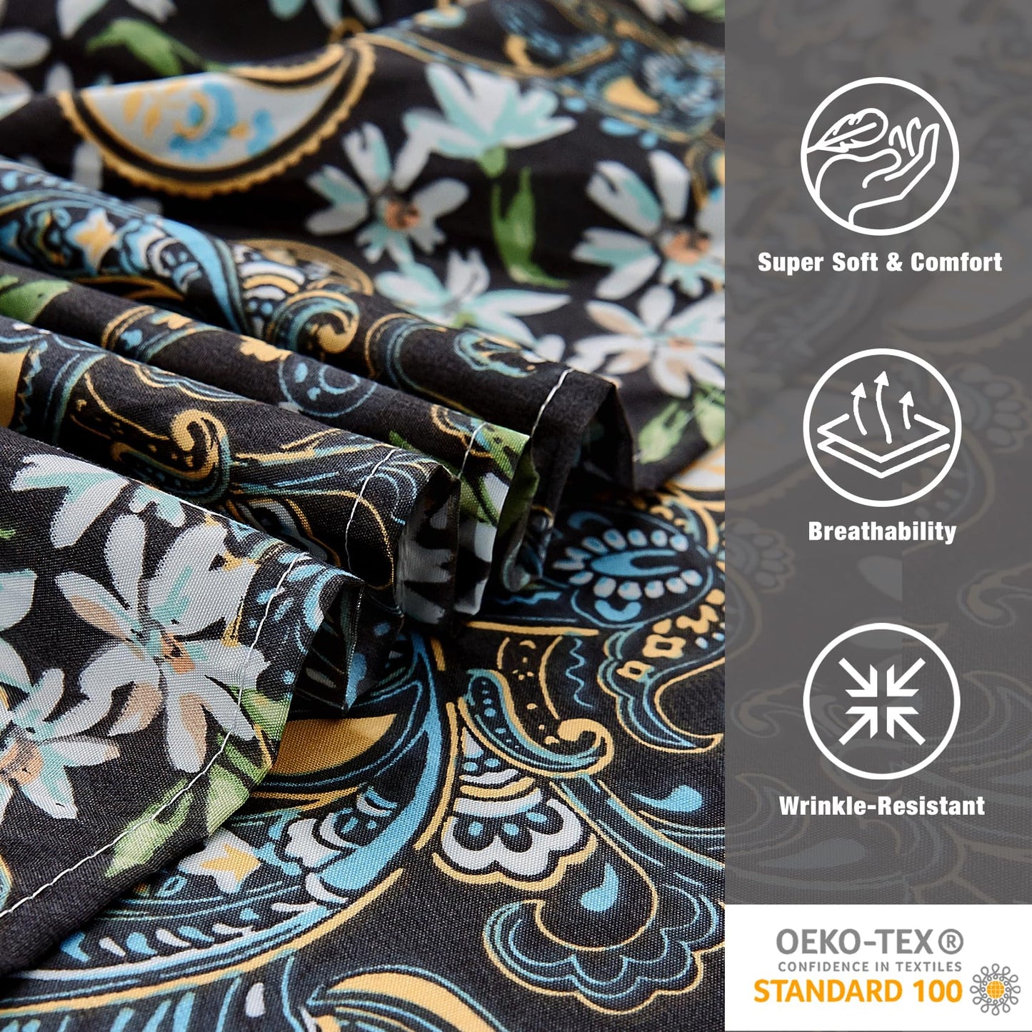 JSD Black Paisley Floral Sheet Set Queen Size 6 Piece, Printed Pattern Soft Microfiber Bed Sheets Extra Deep Pocket