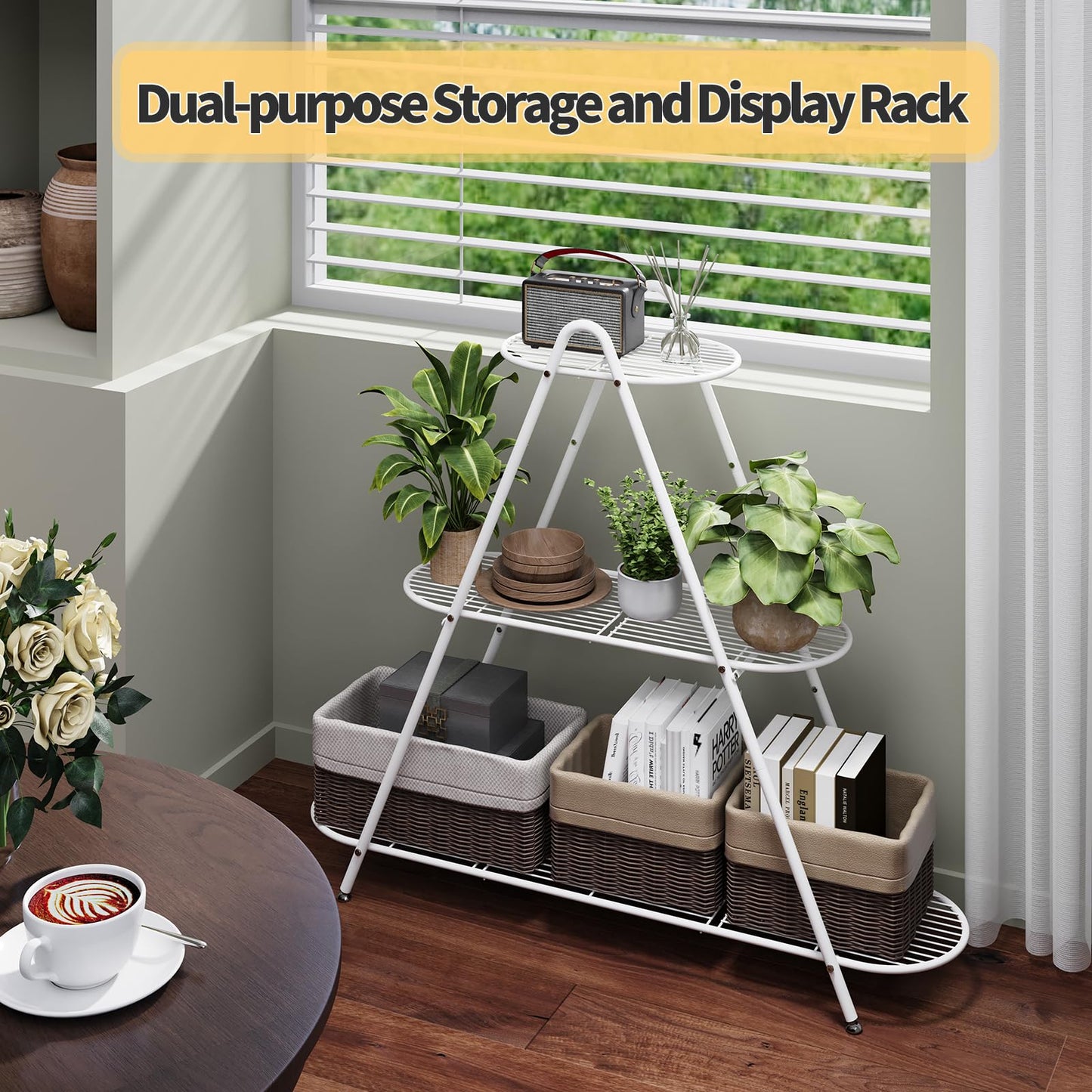 Furshus Plant Stand for Patio, 3-Tier Metal Plant Shelf–Indoor/Outdoor Display Rack for Multiple Pots, Heavy Duty Plants, Garden Flower Organizer (White)