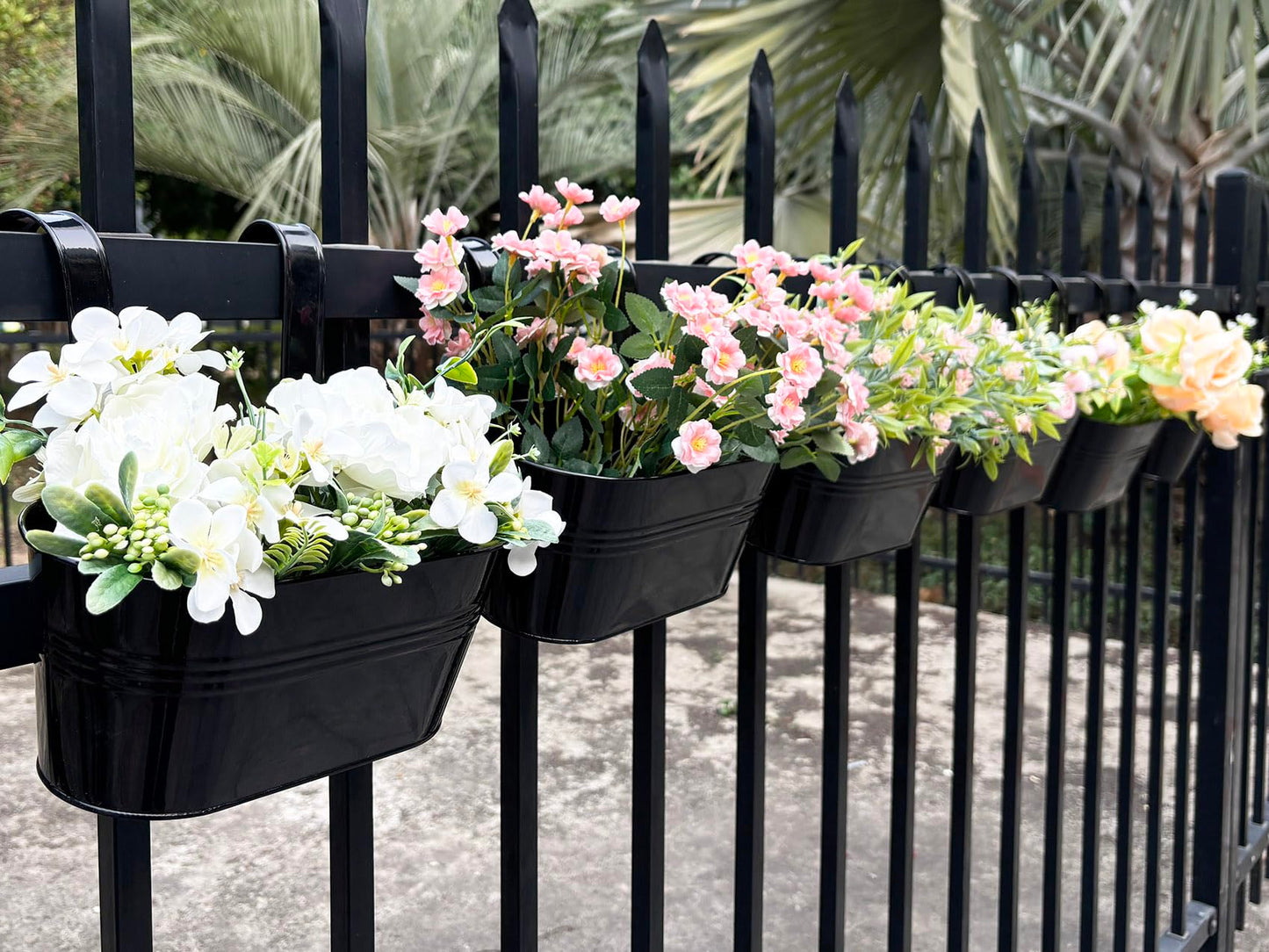 Joyfernal 12" Balcony Railing Planters, Outdoor Hanging Planter for Fence, Stylish Metal Porch Deck Flower Pot for Herbs & Succulents (Black, Pack of 6)