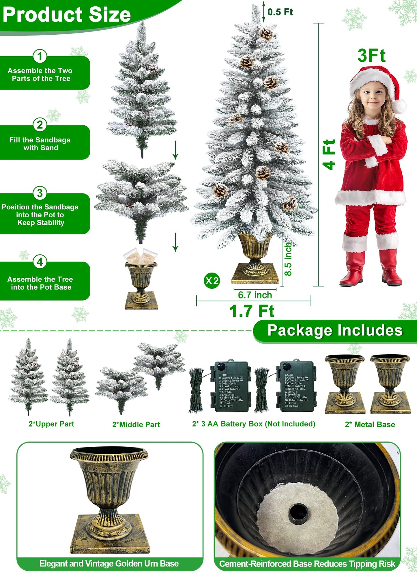 2 Pack 4 Ft Snow Flocked Christmas Entrance Tree in Pot Base with Timer 8 Mode 60 Warm White and Colorful Change Lights 12 Pine Cone Battery Operated for Porch Front Door Entryway Home