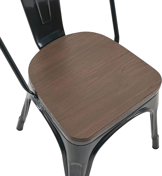 Nazhura Metal Dining Chair Farmhouse Tolix Style for Kitchen Dining Room Café Restaurant Bistro Patio, 18 Inch, Stackable, Waterproof Indoor/Outdoor (Sets of 4) (Black with Wood Padding)