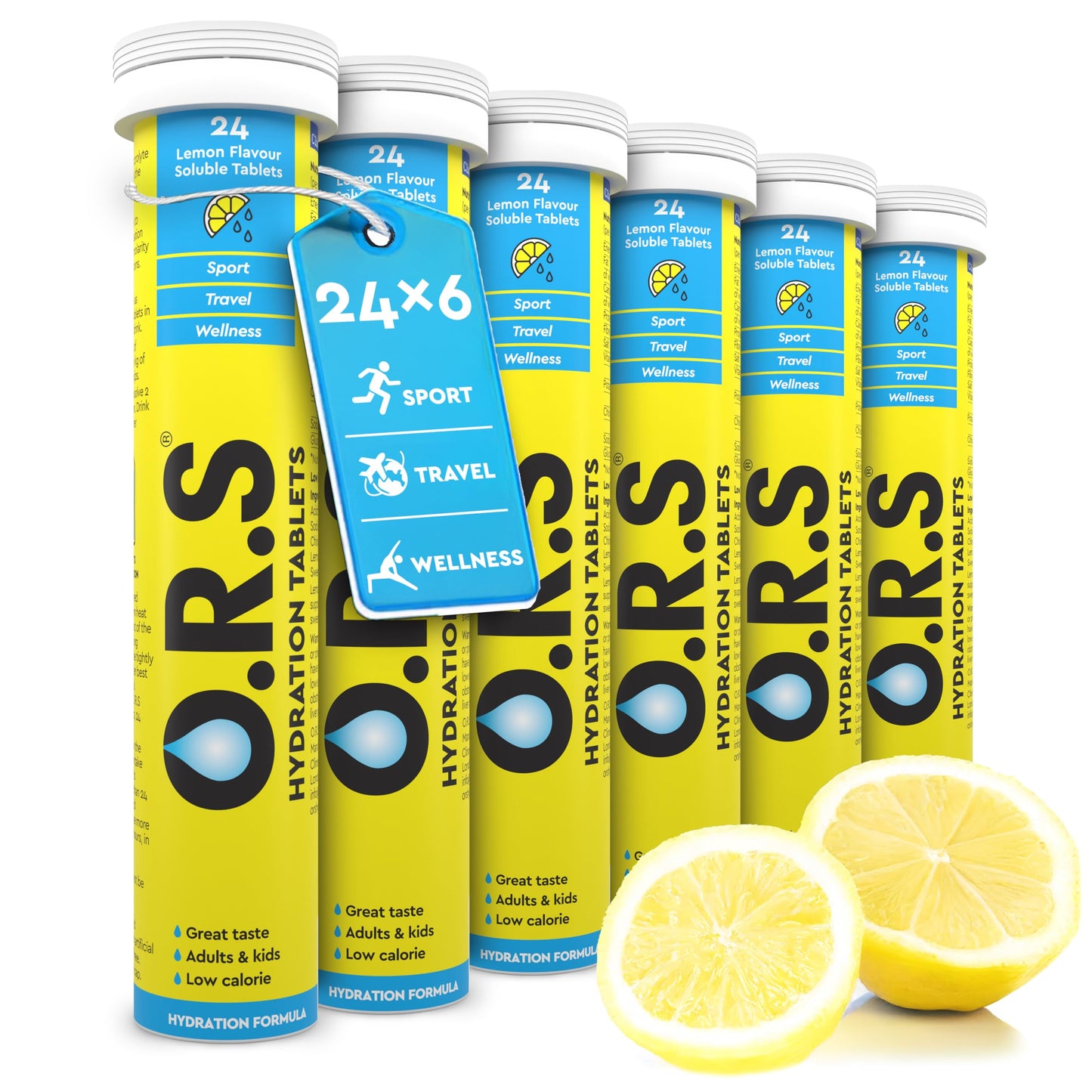O.R.S Hydration Tablets with Electrolytes, Vegan, Gluten and Lactose Free Formula – Soluble Sports Hydration Tablets with Natural Lemon Flavour, 24 Tablets (Pack of 6 x 24)
