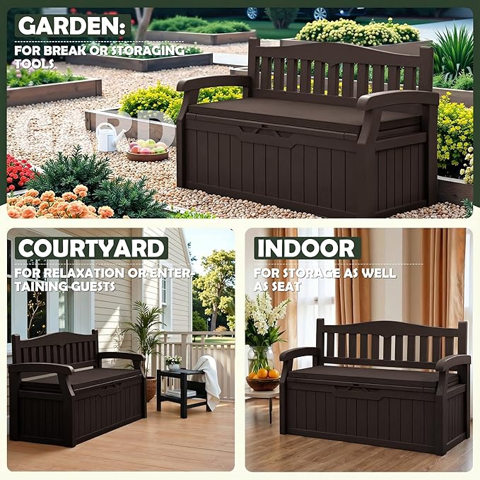 Flamaker 80 Gallon Storage Bench with Cushions Outdoor Indoor, Durable All-Weather Seating with Hidden Storage, Lockable Deck Box for Garden, Patio, Poolside (Brown)