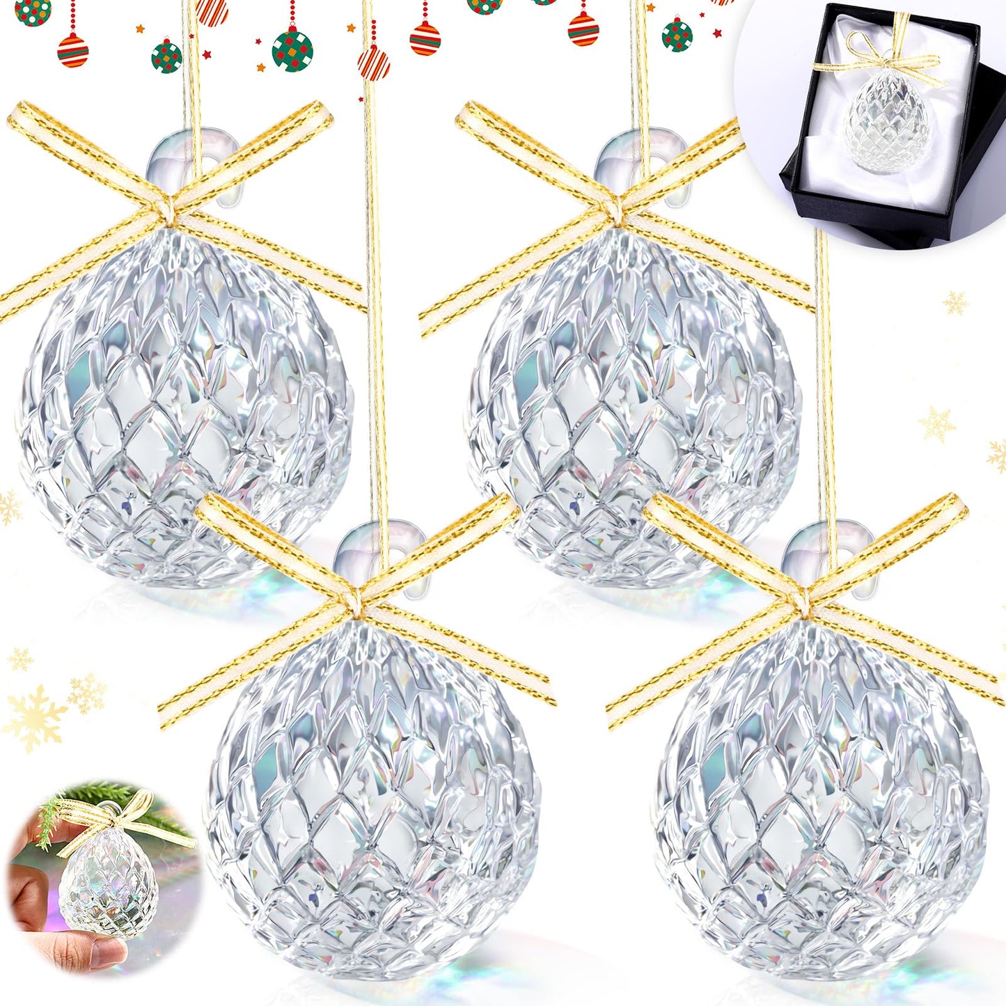 CroBlissful 4 Pcs Crystal Pinecone Christmas Ornaments 1.97'' Christmas Glass Crystal Ball Ornaments Hanging Glittering Clear Prism Pendant Suncatcher for Christmas Tree Party Decor Gift