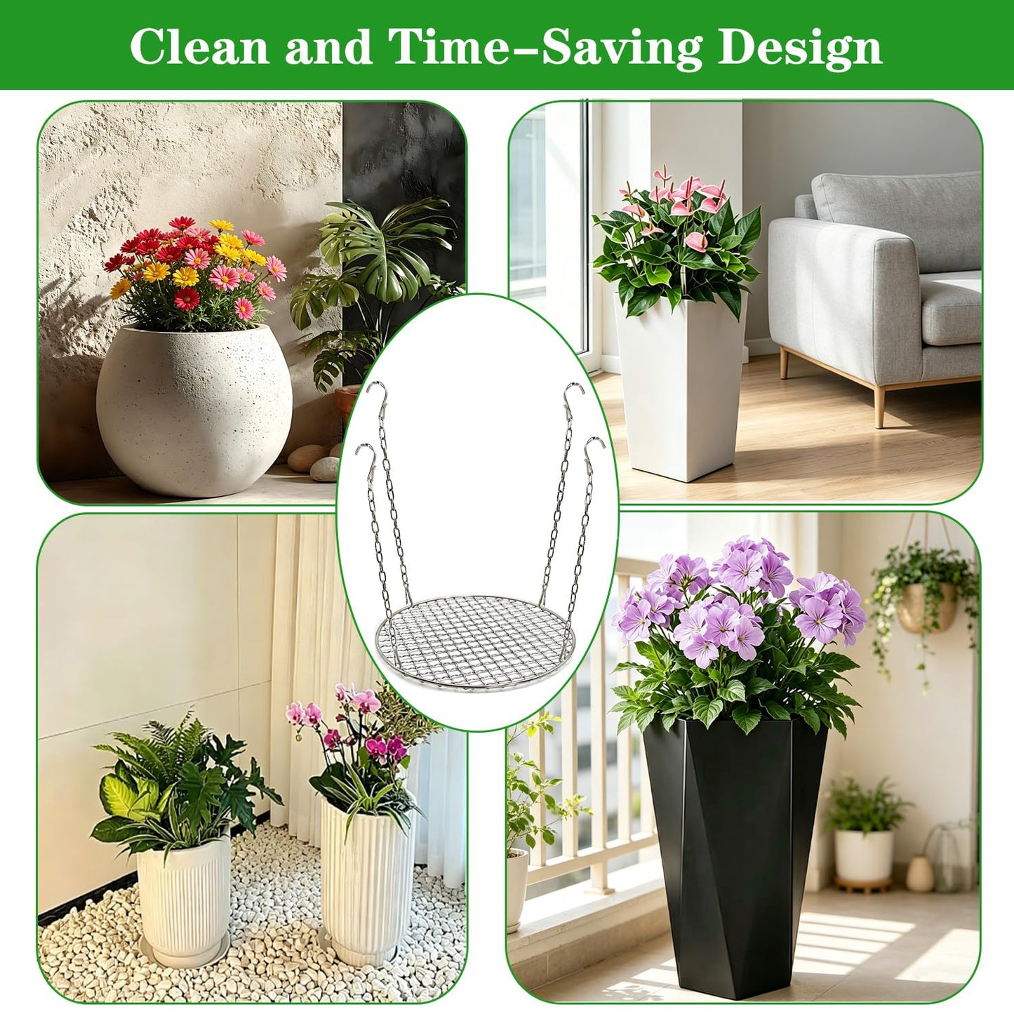 CHENGLAI Stainless Steel Adjustable Height Planter Insert for Large Pots, 4 Hooks with Chains Plant Riser for Inside Pots, Fits Flower Pot Opening 12-18" Wide, Indoor Outdoor Use