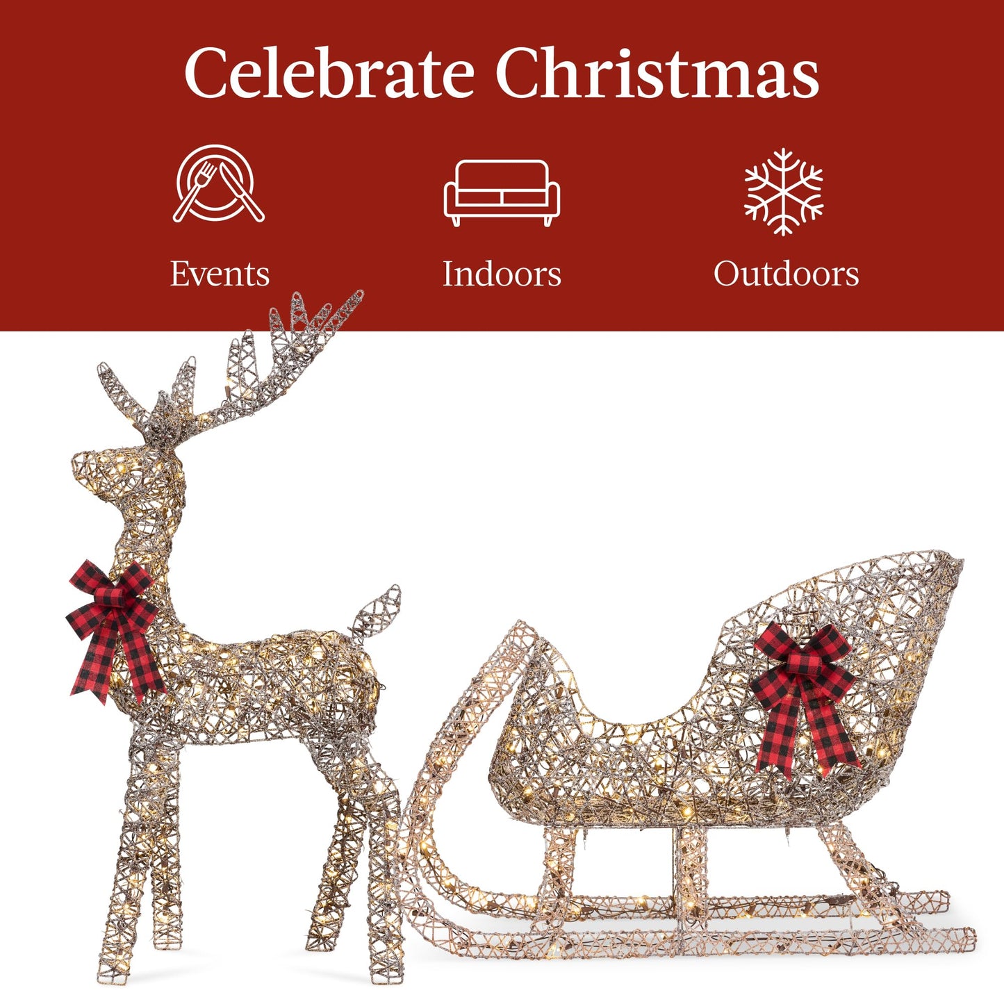 Best Choice Products Lighted Christmas 4ft Reindeer & Sleigh Holiday Outdoor Yard Decoration Set w/ 205 LED Lights, Stakes, Zip Ties - Rattan