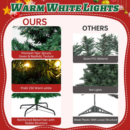 LEVELEVE Premium Pre-Lit 6FT Classic Artificial Holiday Christmas Tree w/1,000 Branch Tips,250 LED Lights for Home,Office,Party Decoration