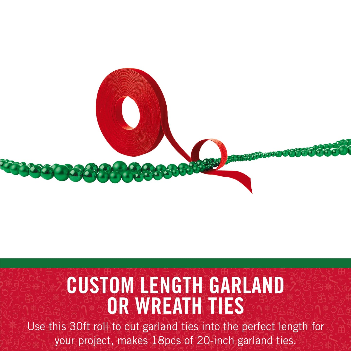 VELCRO Brand Red Garland Ties – 30ft Reusable Hook and Loop Straps for Hanging Christmas Garlands, Lights, and Wreaths on Banisters, Railings, and Porch Posts – Cut to Size Holiday Fasteners