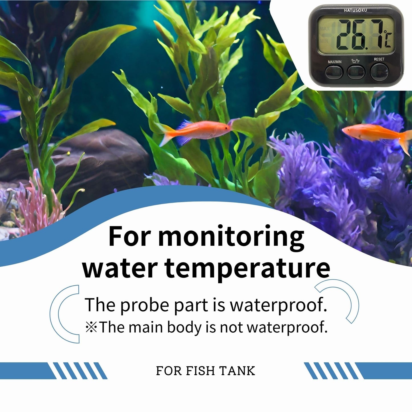 Digital Thermometer with External Sensor, Magnet, Suction Cup, Water Thermometer, Aquarium, Refrigerator, Freezer (White)