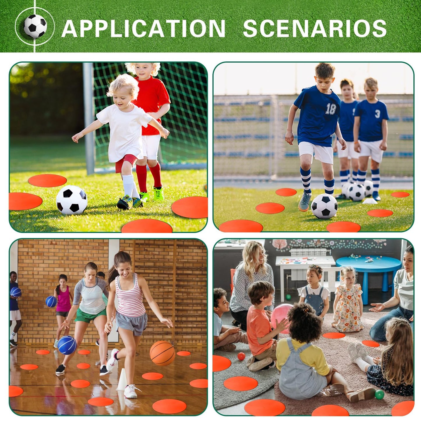 PIKZH Poly Spot Markers 9 inch 12 Pcs Non-Slip Rubber Agility Training Markers Floor Dots Flat Field Cones for Football Soccer Ball Basketball School Exercise Drills Gym Dance Practice TPE Orange Red