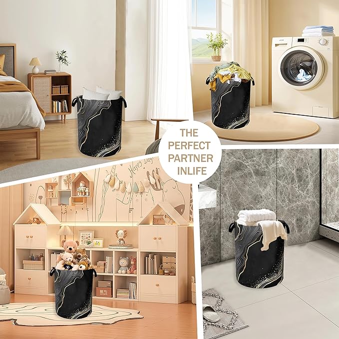 Black Gold Marble Laundry Basket, Modern Clothes Hamper, Oxford Cloth