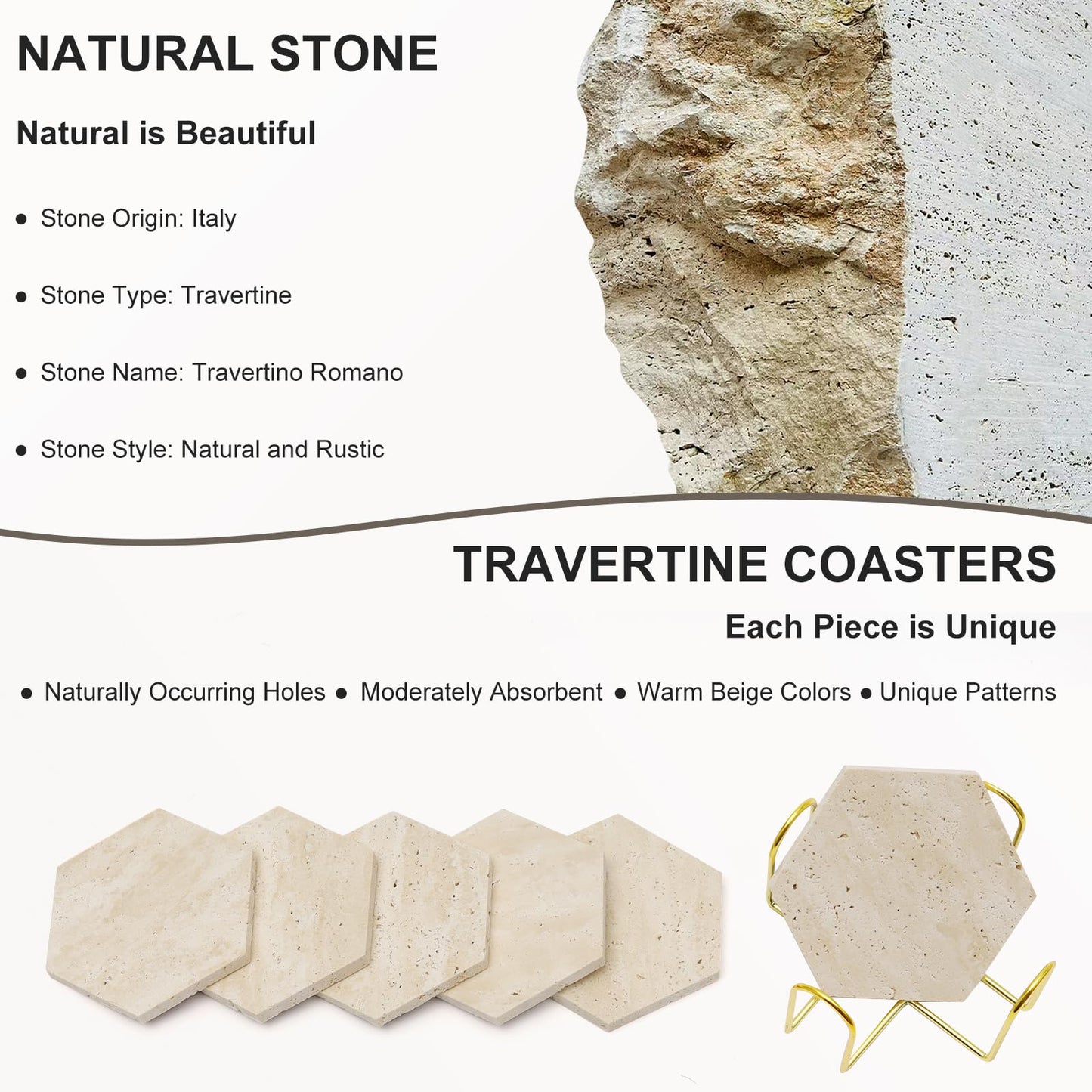 YONGHEE Travertine Coasters Set of 6 with Holder, Hexagonal Rustic Farmhouse Beige Marble Drink Coasters for Coffee Table Decor, Porous Stone Absorbent Coaster for Drinks, Velvet Backed