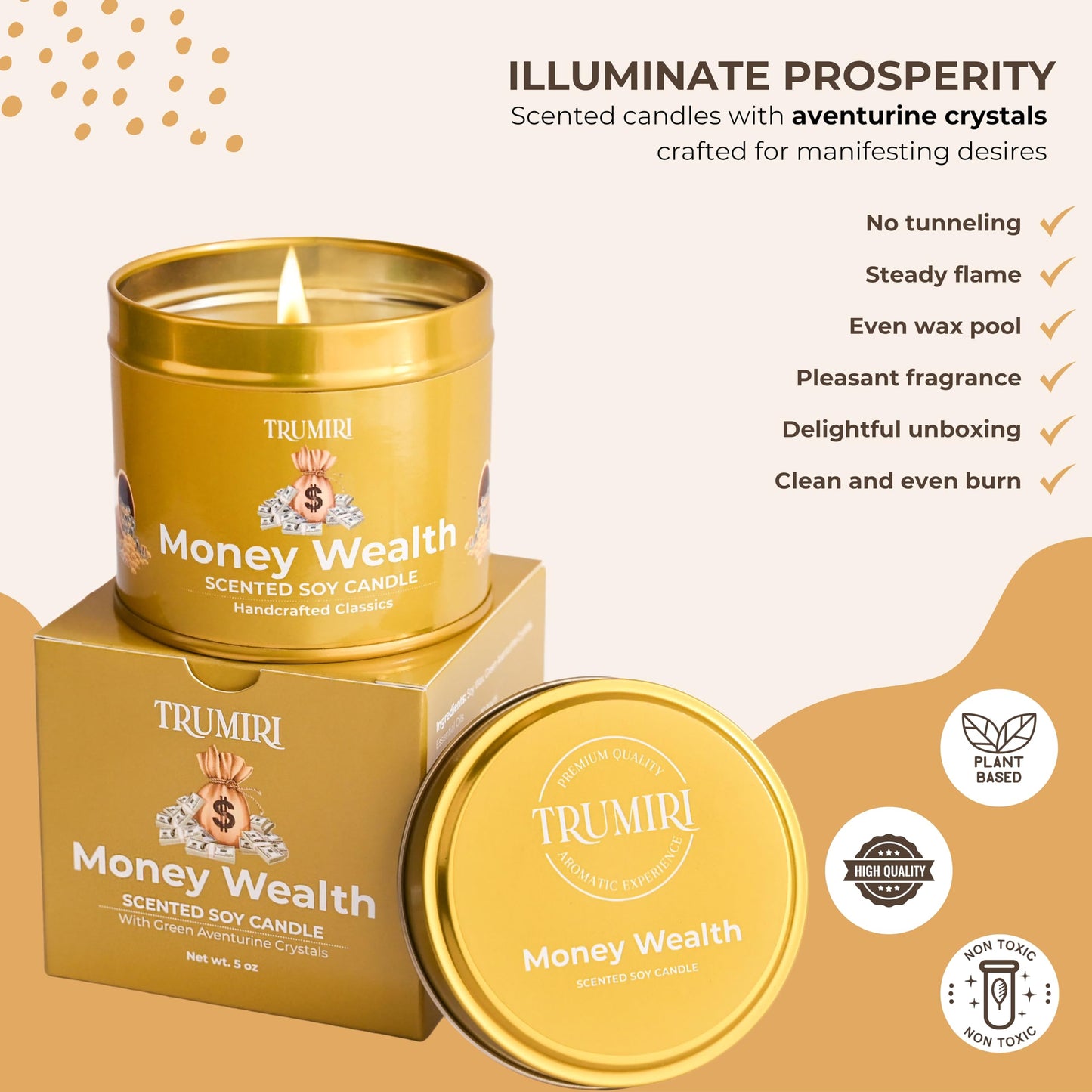 Money Wealth - Crystal Candles for Home Scented - 5oz Soy Wax Natural Clean Organic Non Toxic with Essential Oils - for Real Cash Luck Manifestation Aromatherapy Gift Bathroom - Long Lasting Candel