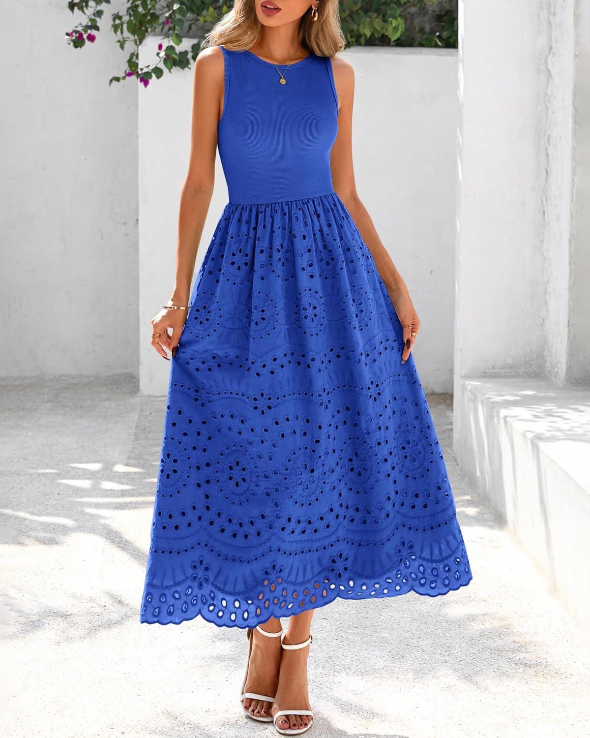 dowerme Women Summer Dresses 2025 Casual Sleeveless Crewneck A-Line Boho Lace Eyelet Cotton Tank Maxi Dress with Pockets