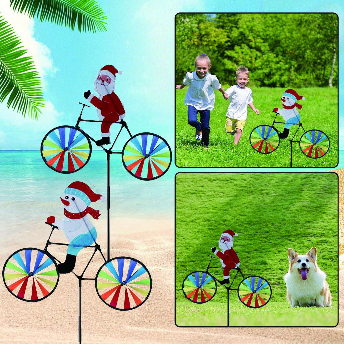 2 Pack 20 Inches Christmas Santa & Snowman Bike Spinner Decorations Pinwheels with Stakes Windmill Wind Spinners Outdoor for Yard Garden Lawn, Large Pin Wheels Christmas Accessories Gifts for Kids