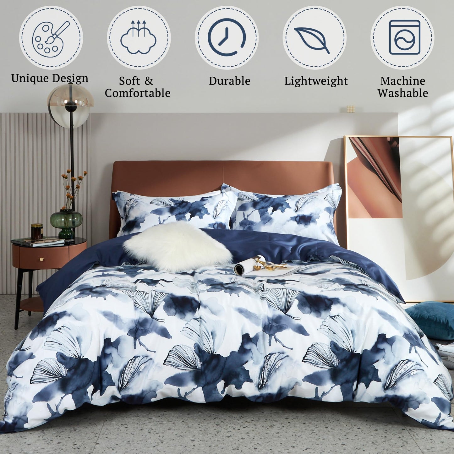 MILDLY 100% Long Staple Cotton Duvet Cover Set Dark Blue Ginkgo Leaf Watercolor Comforter Cover Set
