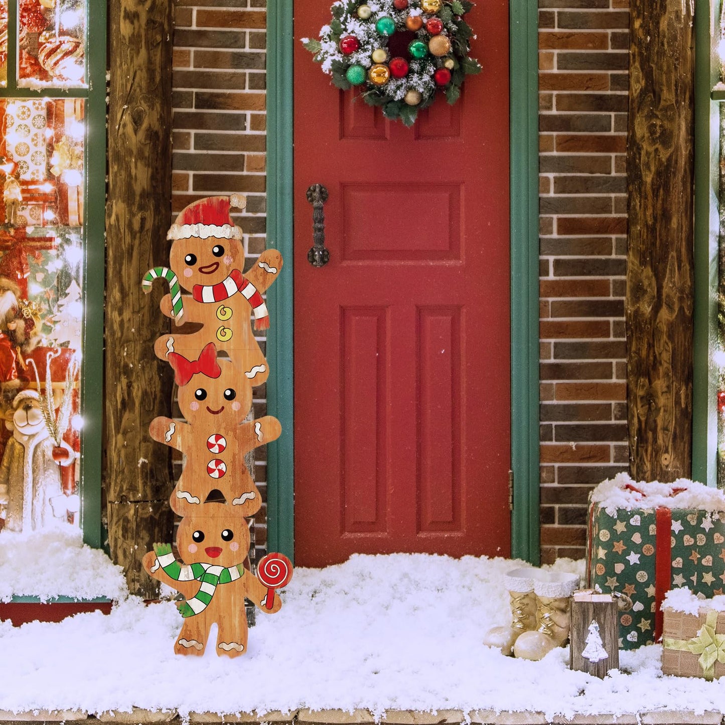 Whaline 41.7in Christmas Gingerbread Man Wooden Porch Sign Hanging Welcome Sign Farmhouse Front Door Hanger for Xmas Home Party Wall Decoration