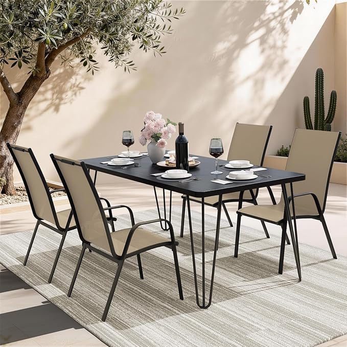 JEAREY Patio Dining Chairs Set of 4, Outdoor Stackable Dining Furniture Set, All Weather Dining Set for Lawn, Garden, Poolside, Beige