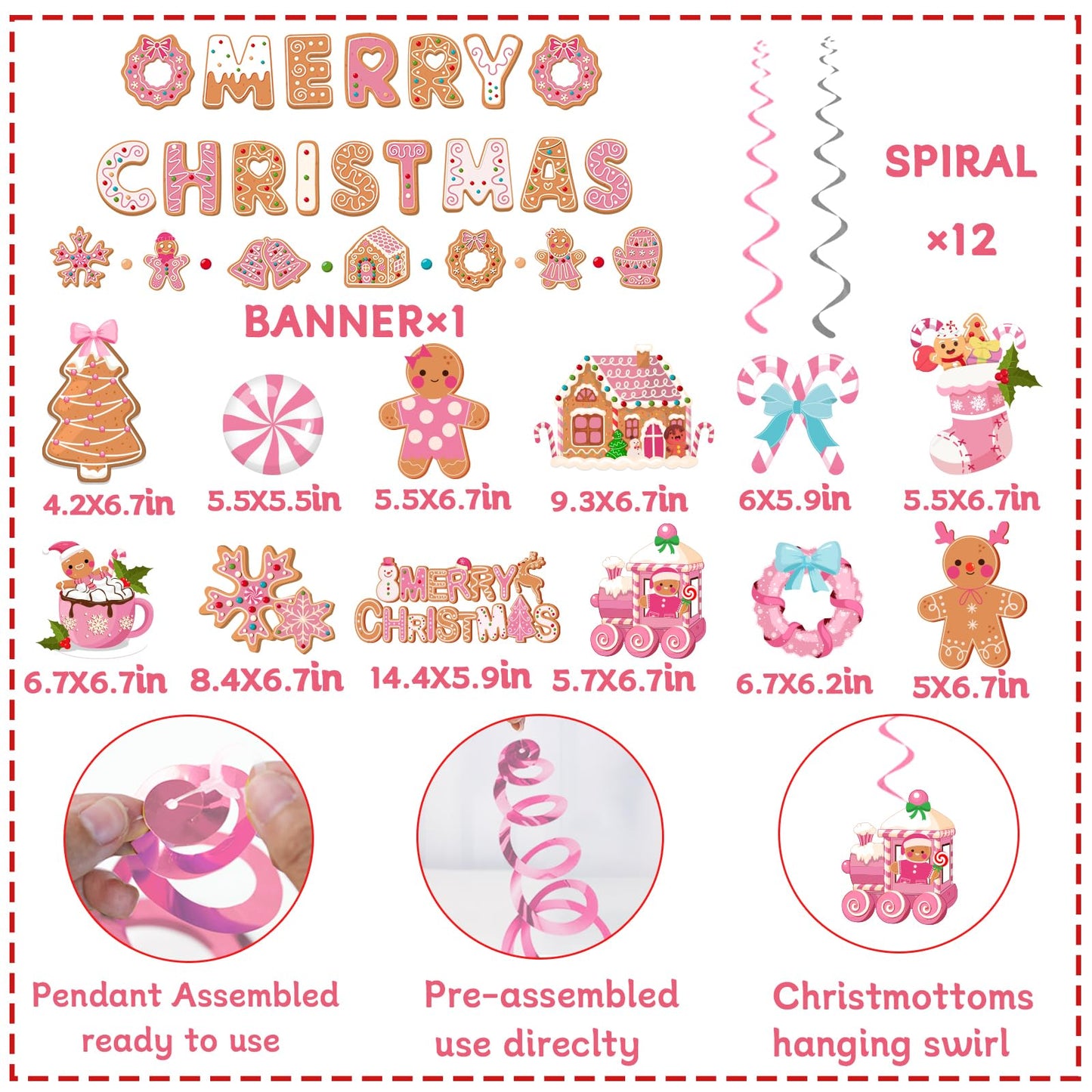 Pink Gingerbread Christmas Decorations, Pink Gingerbread Christmas Decor includes Merry Christmas Banner and Ginger bread Hanging Swirls, Gingerbread House Decorations for Merry Xmas Party Supplies