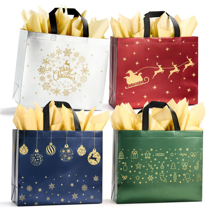 YANGTE 16 Pack 13" Large Christmas Gift Bags With Tissue Paper, Reusable 4 Unique Designs Christmas Bags with Handle for Gifts Wrapping Shopping Xmas Party Supplies(13" x 11" x 5")