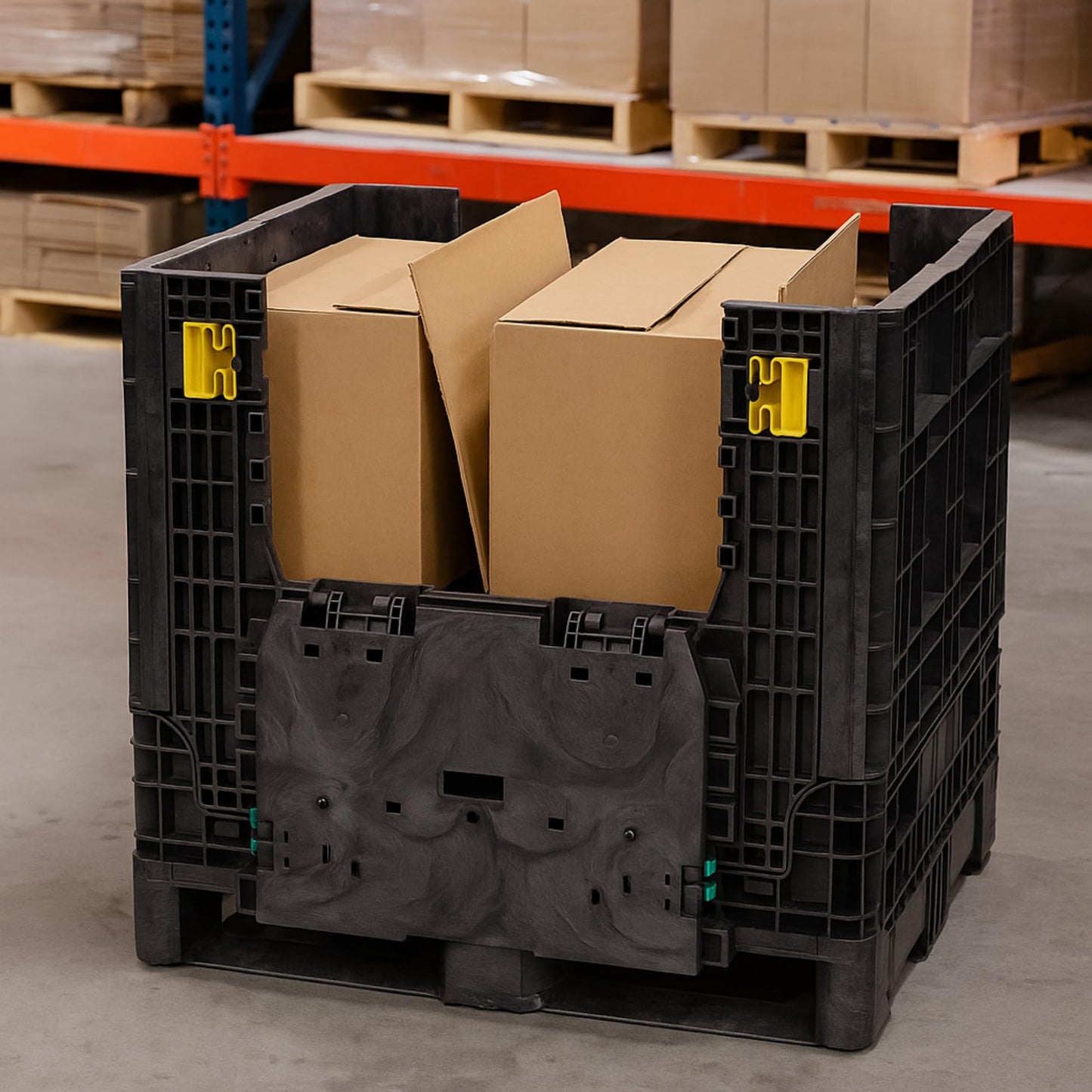 Buckhorn 32" x 30" x 34" Collapsible Bulk Box Container, Standard Duty Plastic Stacking Gaylord Box with 4-Way Forklift Access and 2 Drop Doors, 1700 lb Capacity Storage Tote, Black (BN32303420)