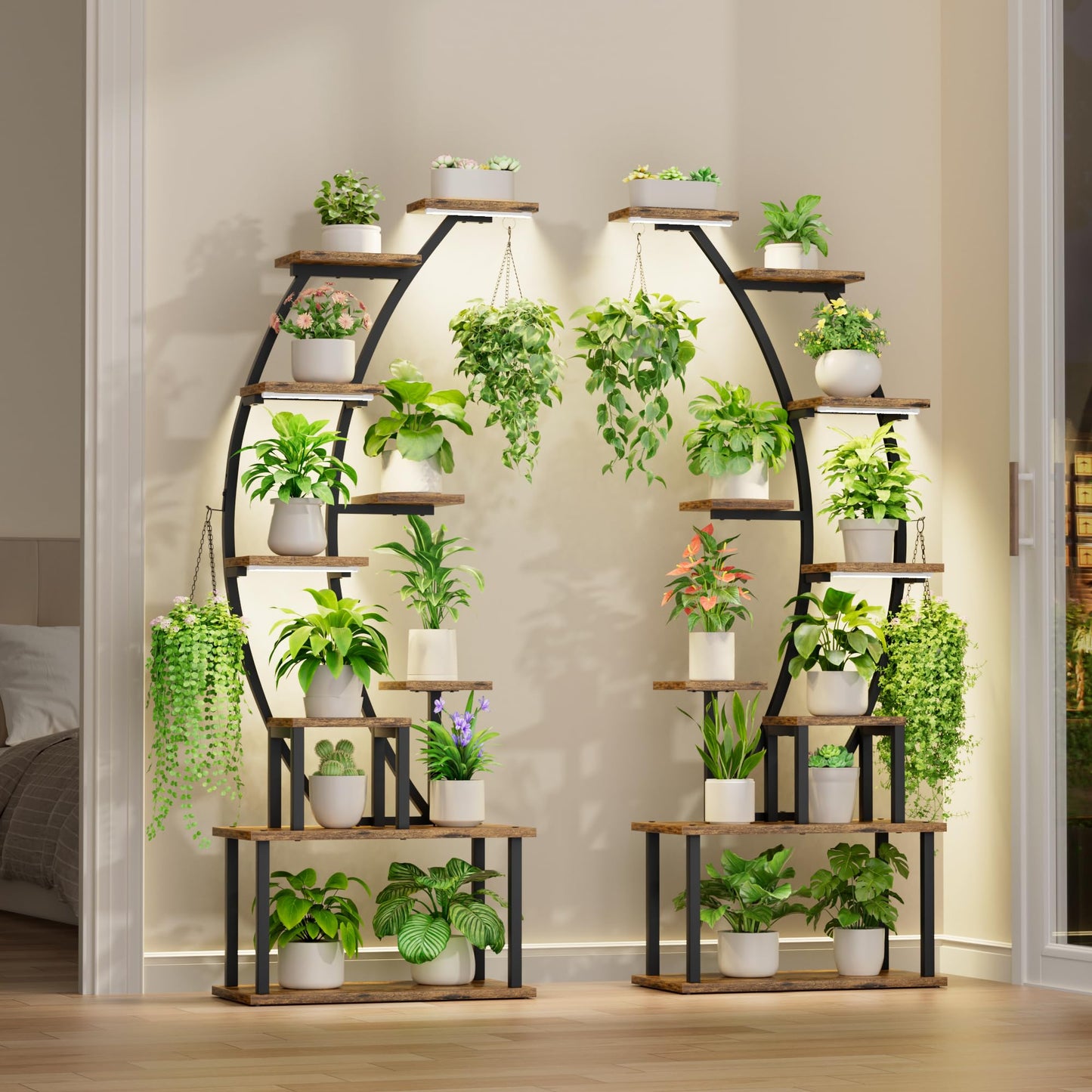 BACEKOLL Plant Stand Indoor with Grow Lights, 63" Tall Indoor Plant Shelf, 9 Tiered Corner Plant Holder, Large Flower Display Shelf for Living Room, Bedroom, Office, Home Decor