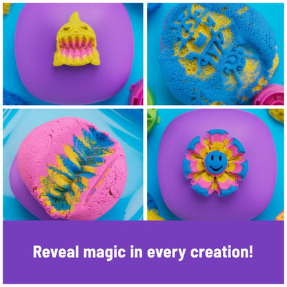 Kinetic Sand, SquishMotion Playset with 453g Pink, Yellow, Blue Play Sand, Stamper & 5 Tools, Reusable Storage Case, Sensory Toys for Kids Aged 5+
