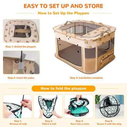 ALLSOPETS Cat Playpen for Dog, Foldable Pet Play Pen for Indoor Outdoor Use, Portable Dog Cat Crate Tent for Puppies Kittens, Pop-Up Pet Cage for Travel Camping (Brown Bear, M)