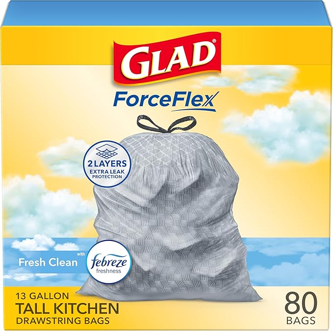 Glad ForceFlex Tall Kitchen Drawstring Trash Bags, 13 Gal, Fresh Clean