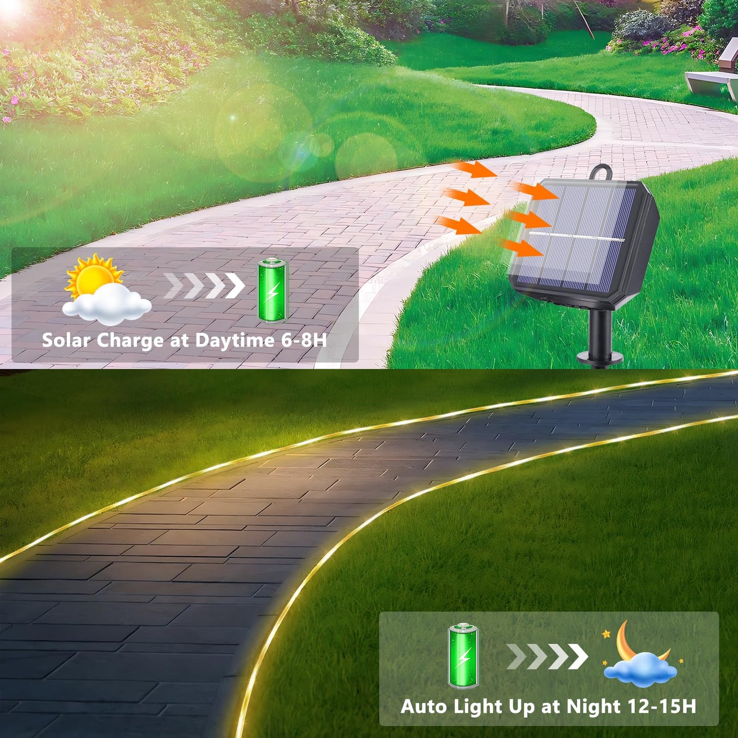 Solar Rope Lights, 66ft 200LED Solar String Lights, 8 Modes Waterproof Solar Powered Outdoor Light, Flexible Clear Tube Light for Garden, Backyard, Patio, Deck, Porch, Pool, Tree Decor - Warm White