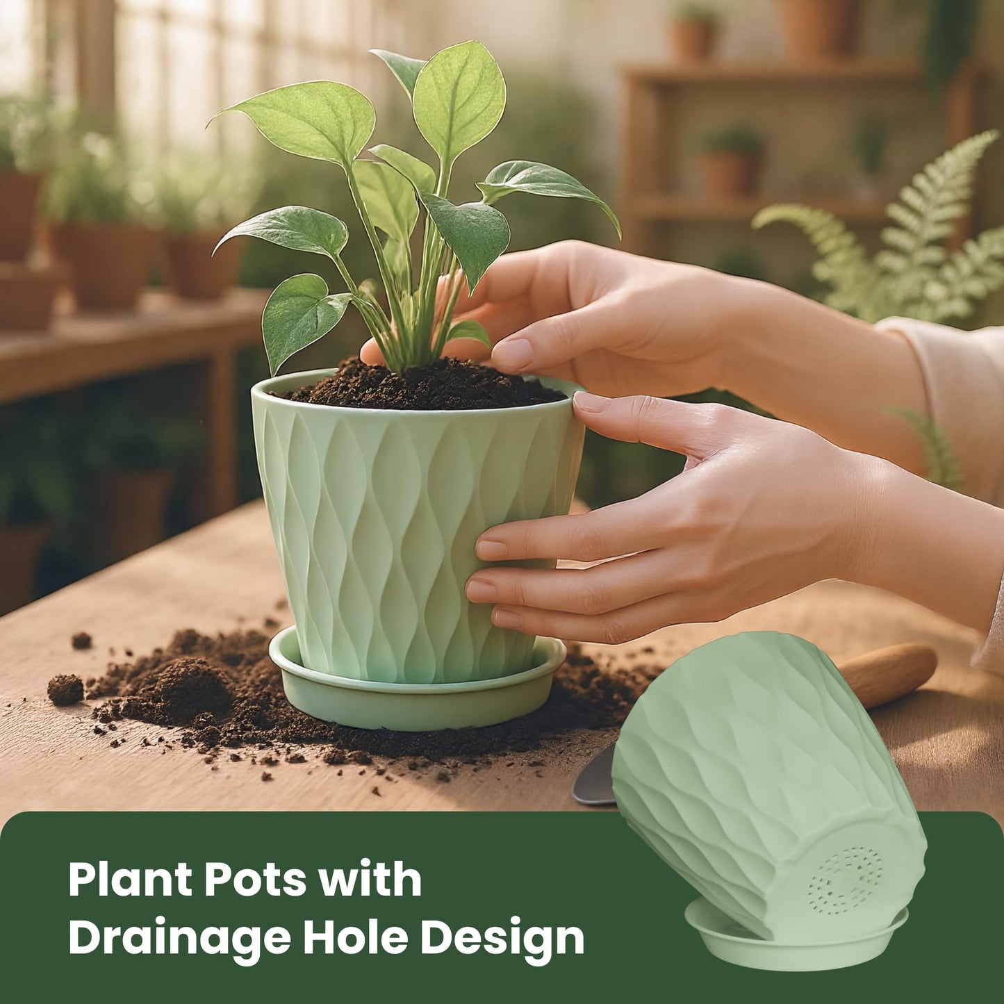 LESOASIS Plastic Plant Pots, 7/6.5/6/5.5/5/4.5/4 inch Flower Pots with Drainage Holes and Trays, 7 Pack Planter for Indoor Outdoor Plants (Green)