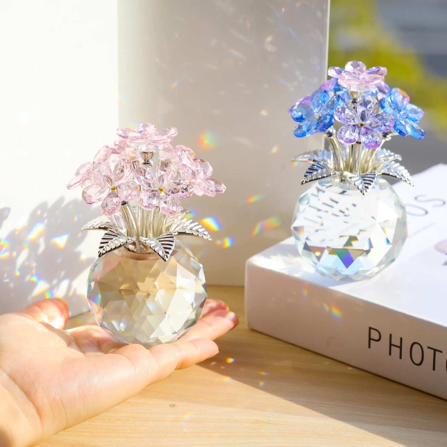 Qianwei Pink Forget Me Not Crystal Flowers - Sympathy Glass Flowers Collectible Figurines Decor Paperweight Ornament Home Office Table Desk Decorations