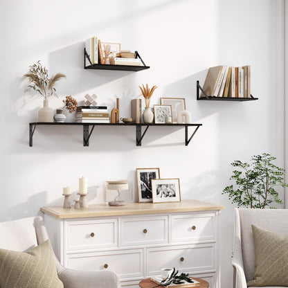Heimlove Black Deep Floating Shelves for Wall, 16W x 8D Wood Wall Shelves Set of 2, Wide Floating Bookshelf for Living Room, Kitchen, Office, Bedroom and Decor Storage, with Metal Bracket - Black