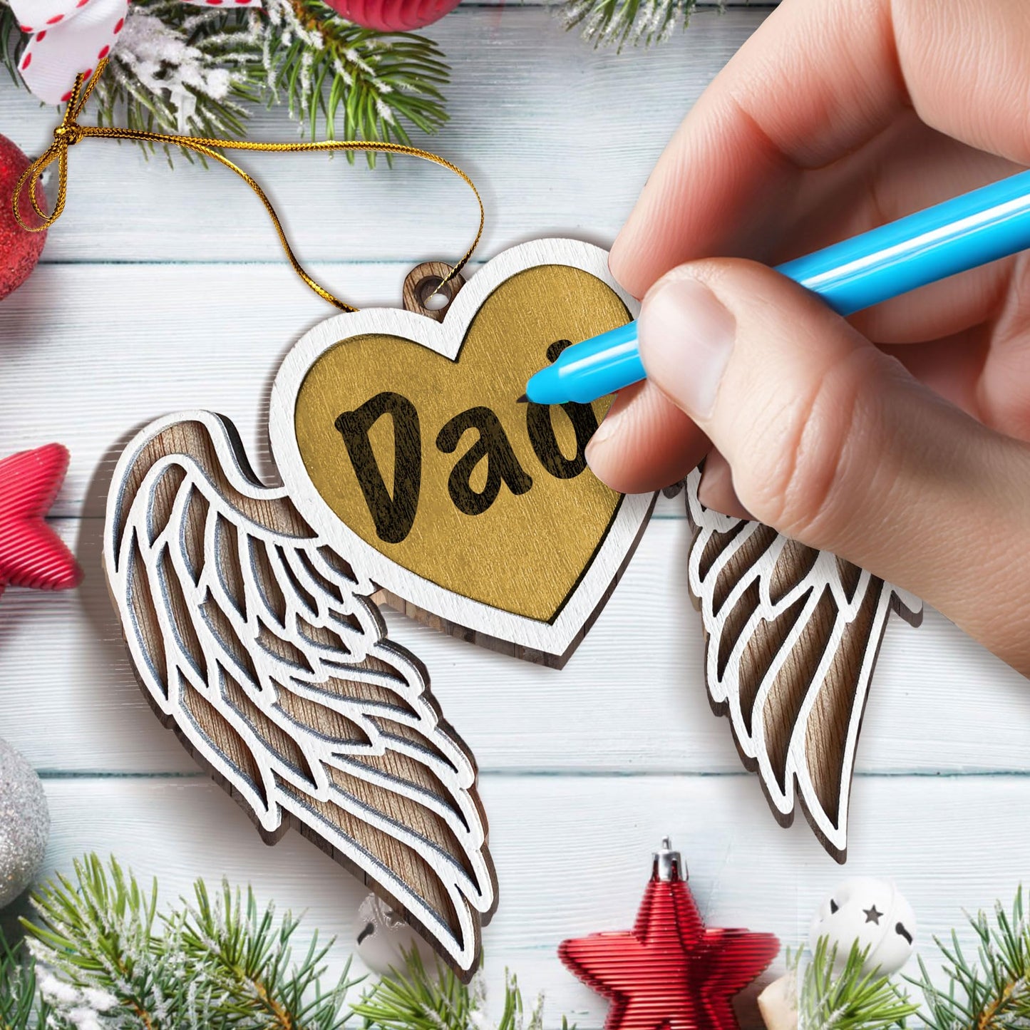 Personalized Memorial Angel Wings Wooden Ornament - Personalize with A Name Or Message Using A Oil Marker (Marker not Included) - Customizable Christmas Tree Hanging Ornament
