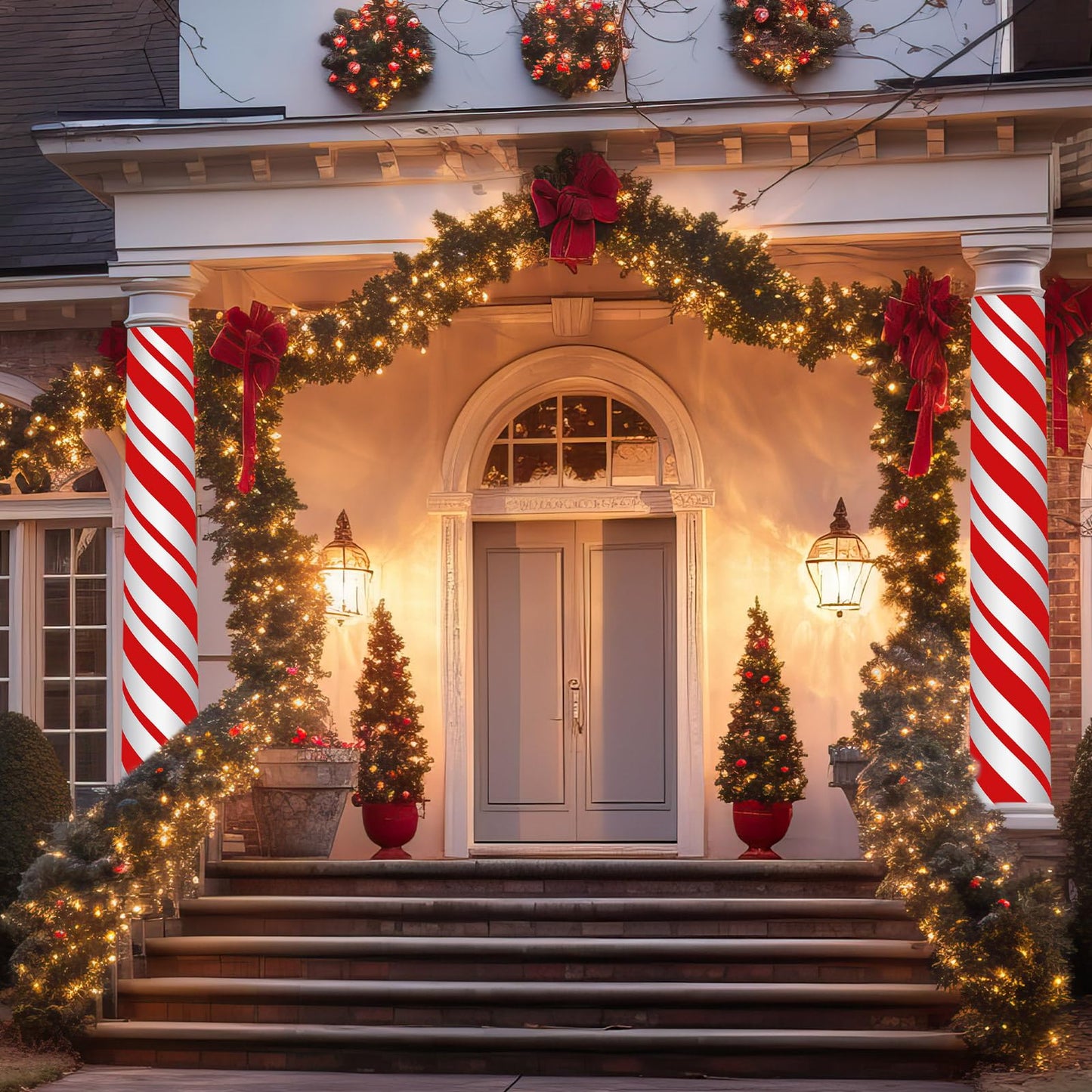 Suncalla 2 Pack Christmas Candy Cane Design Column Wraps 108 x 54 Inch Candy Cane Striped Disposable Porch Column Wraps with 1 Roll Tape Striped Pillar Cover for Fall Halloween Xmas Decor