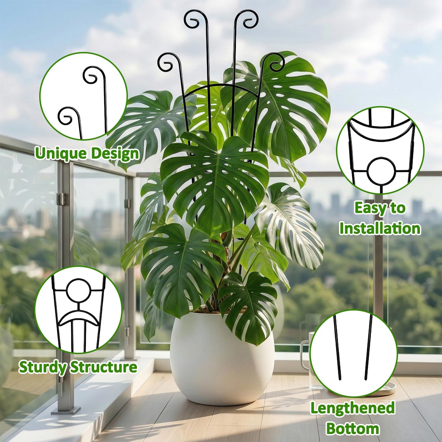 Monstera Plant Support - 4-Pack of 32.6" Tall Plant Trellis Stakes for Large Indoor Vines | Adjustable Dual Pole Frame for Monstera Deliciosa & Potted Plants