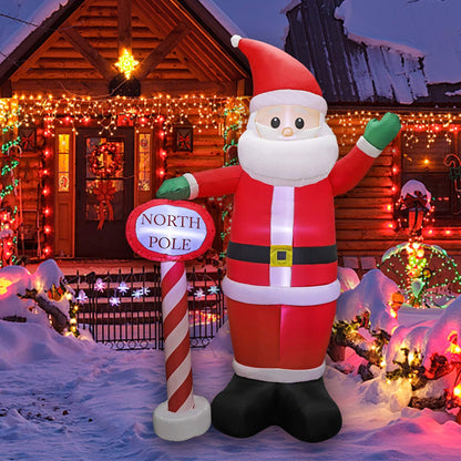 MorTime 8 FT Christmas Inflatable Santa Claus with Guidepost, Blow up Lighted Giant Wave Santa Claus North Pole with LED Lights Yard Decoration Party Display for Xmas Outdoor Decorations