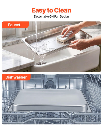 VEVOR Countertop Food Serving Display Container, 2 Tier Stainless Steel Food Salad Server Tray, Buffet Condiment Dispenser, Ice Cooled Rack with Clear Roll Top Cover, for Restaurant Hotel (1/1 Pan x2)