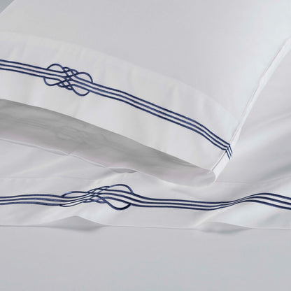 Superior Embroidered Cotton Bed Sheet Set, 1 Elastic Deep Pocket Fitted Sheet, 1 Flat Sheet, 2 Pillowcases, Daily Soft Sheets, Luxury, Elegant Design, Moonlawn Collection, Queen Size, White/Navy Blue