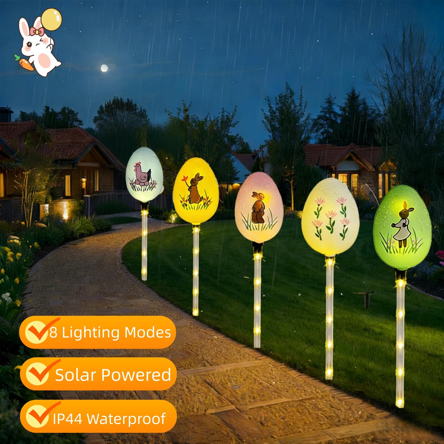 NAHIYELAS Solar Easter Pathway Lights - 5 Pack Bunny Egg Light Outdoor Solar Powered Path Lights with 8 Lighting Modes, Waterproof Garden Stake for Easter, Housewarming Gifts & Outdoor Decor