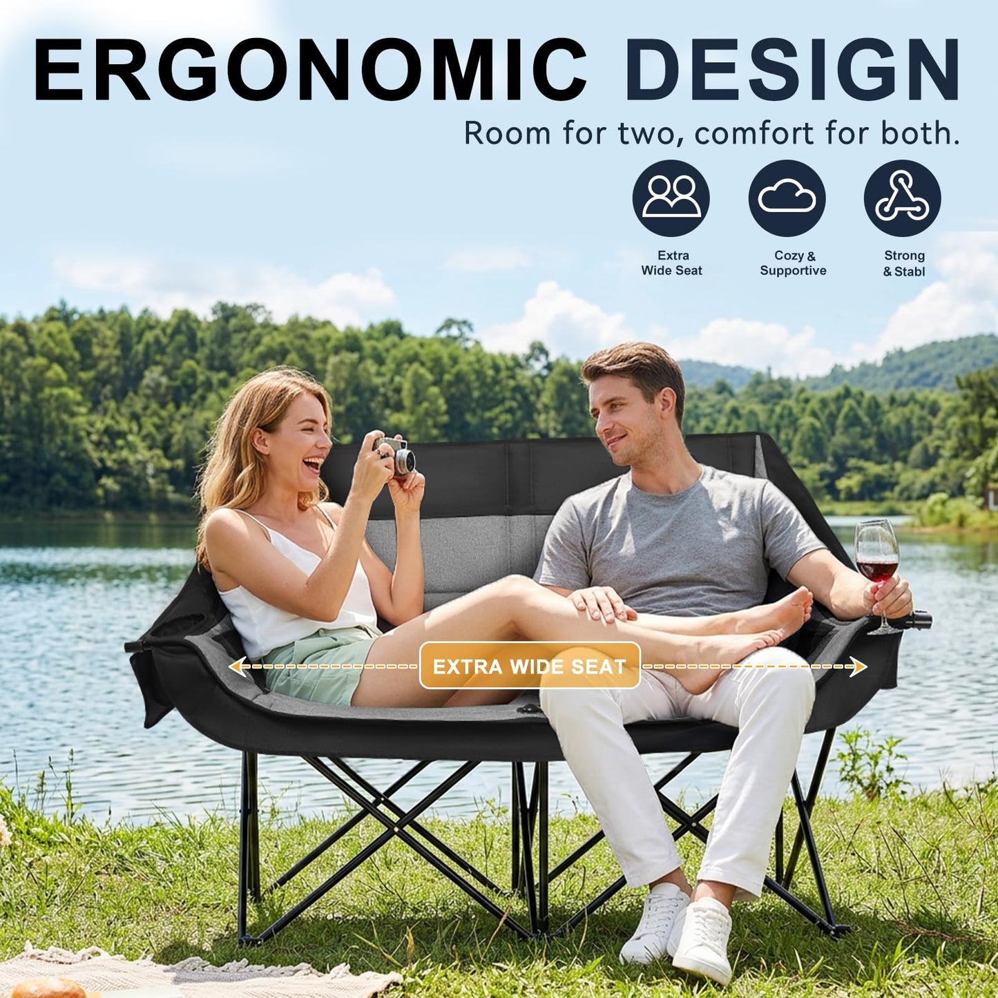RVIEIS Double Camping Chair 2 Person Loveseat Oversized Padded Camping Couch Heavy Duty Portable Folding XL Camp Chair with Cup Holder Side Pocket for Outdoor Lawn Beach Sport Support 800LBS, Grey