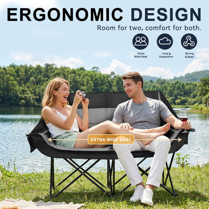 RVIEIS Double Camping Chair 2 Person Loveseat Oversized Padded Camping Couch Heavy Duty Portable Folding XL Camp Chair with Cup Holder Side Pocket for Outdoor Lawn Beach Sport Support 800LBS, Grey
