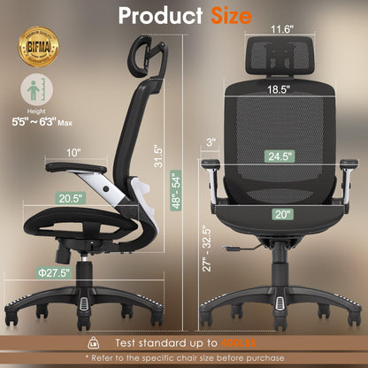 GABRYLLY Ergonomic Office Chair, High Back Home Desk Chair with Headrest, Flip-Up Arms, 90-120° Tilt Lock and Wide Cushion, Big and Tall Mesh Chairs for Man Woman, Black Task Chair