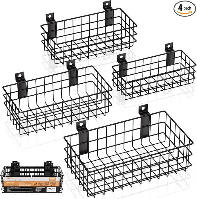 INCLY 4 Pack Black Slatwall Baskets Set, Ventilated Metal Hanging Storage Slat