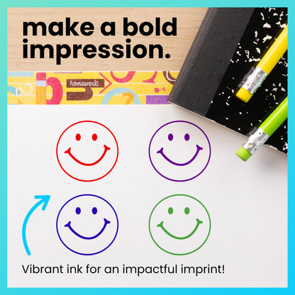 ExcelMark Smiley FACE - Self-Inking Round Teacher Stamp - Purple Ink