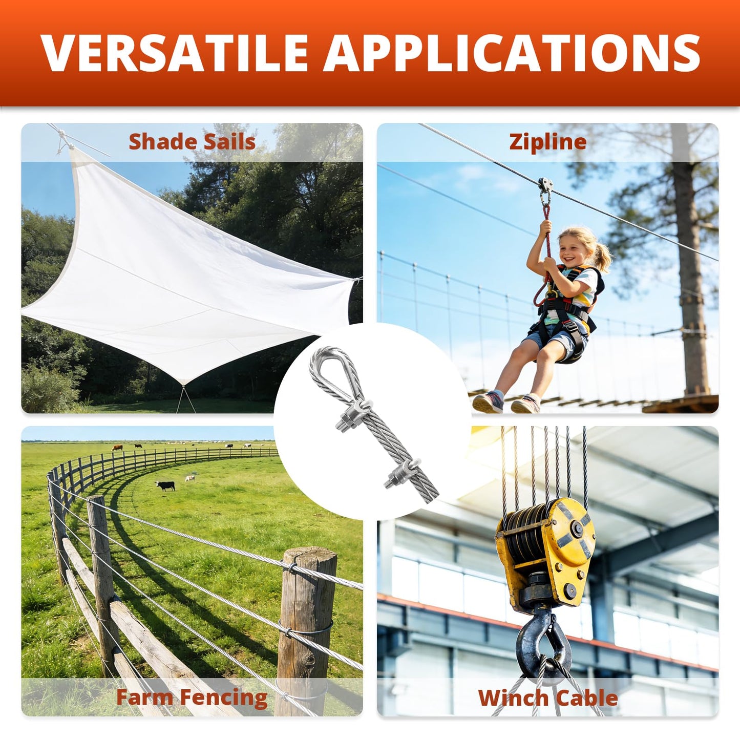 VEPURLT 200FT 1/4" Thickened Stainless Steel Cable Wire Rope, 7x19 Strand Aircraft Cable 6400lb Breaking Strength with Clamps & Thimbles for Zipline, String Light Hanging, Clothesline, DIY Projects