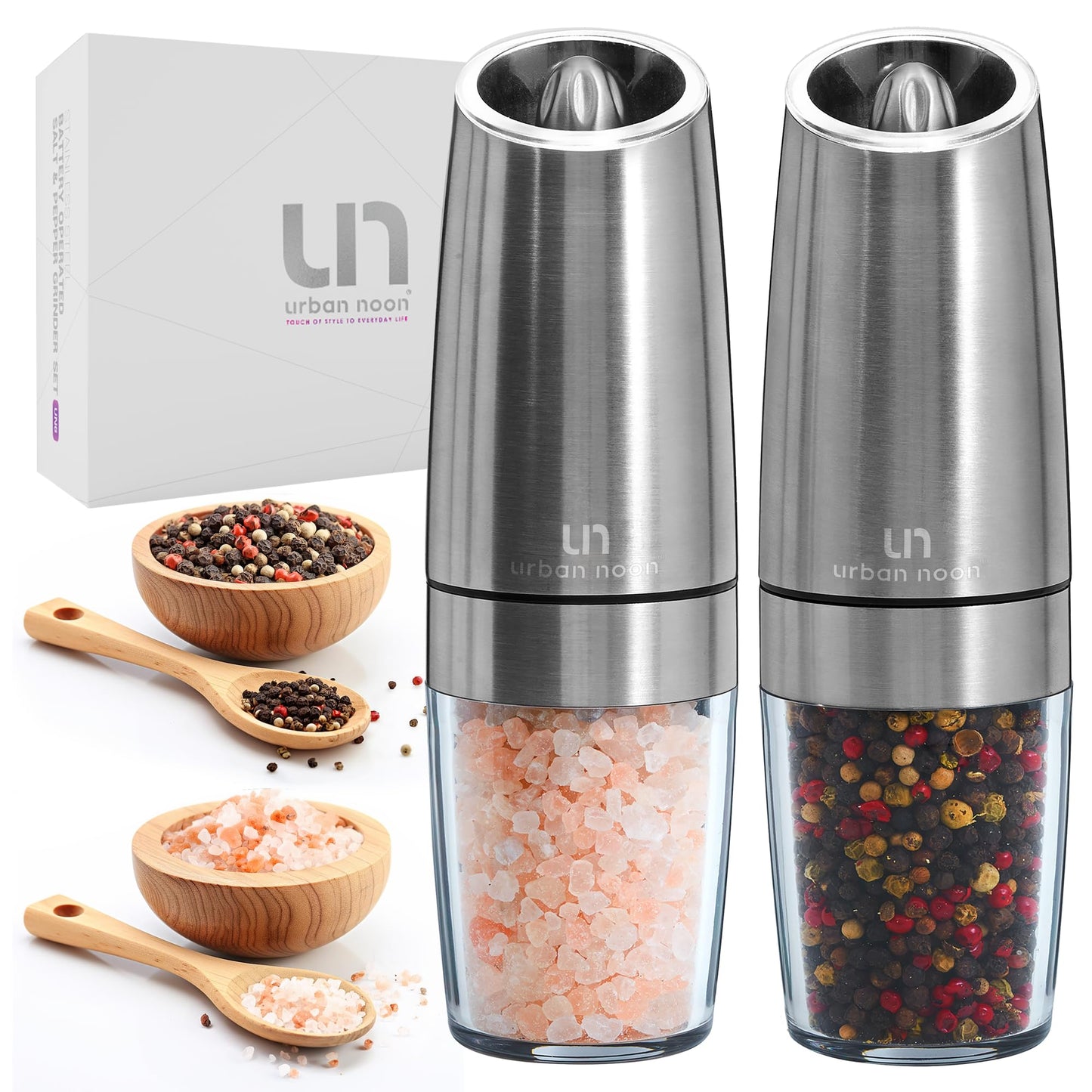 Urban Noon Gravity Salt and Pepper Grinder Set - Battery Operated Stainless Steel Mills with Light (2 Grinders) - Automatic One Handed Operation - Electric Adjustable Shakers - Ceramic Grinders
