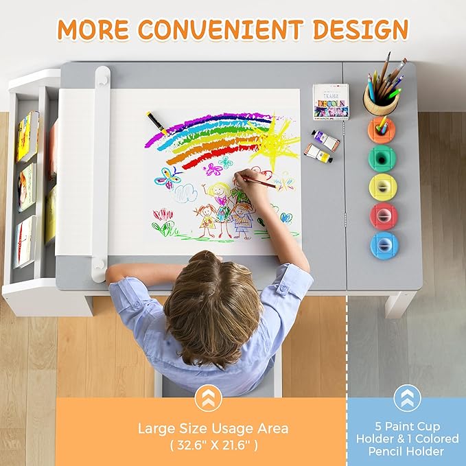 5-in-1 Kids Art Table and Chairs, Toddler Table and Chair Set, Craft Play Desk