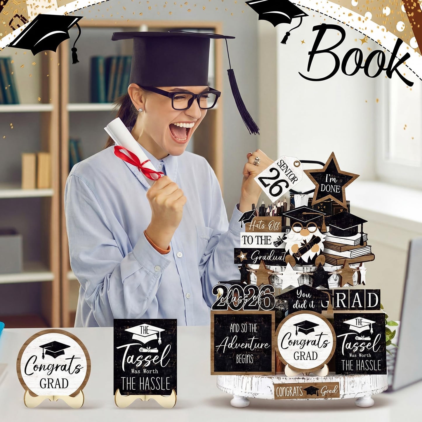 Vercraft 18 Pcs Graduation Tiered Tray Decorations Class of 2026 Tiered Tray Decor Black White Grad Wooden Signs Farmhouse Table Shelf Decoration for Graduation Party Supplies(Grad)