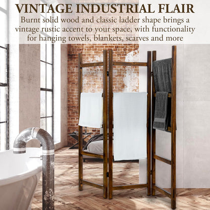 Blanket Ladder,Burnt Wood Blanket Ladder 59" H Freestanding and Folding, 6 Tier and 3 Panel Towel Rack for Bathroom, Decorative Display Ladder Shelf Quit Rack for Living Room, Brown.